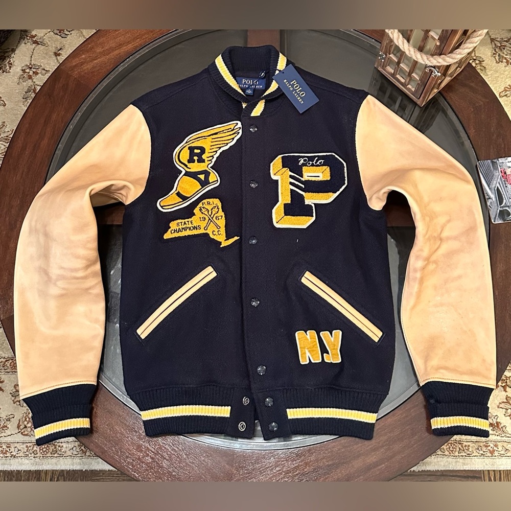 Ralph Lauren Gent’s Size Medium Varsity Wool & Leather Jacket New W Tags Navy